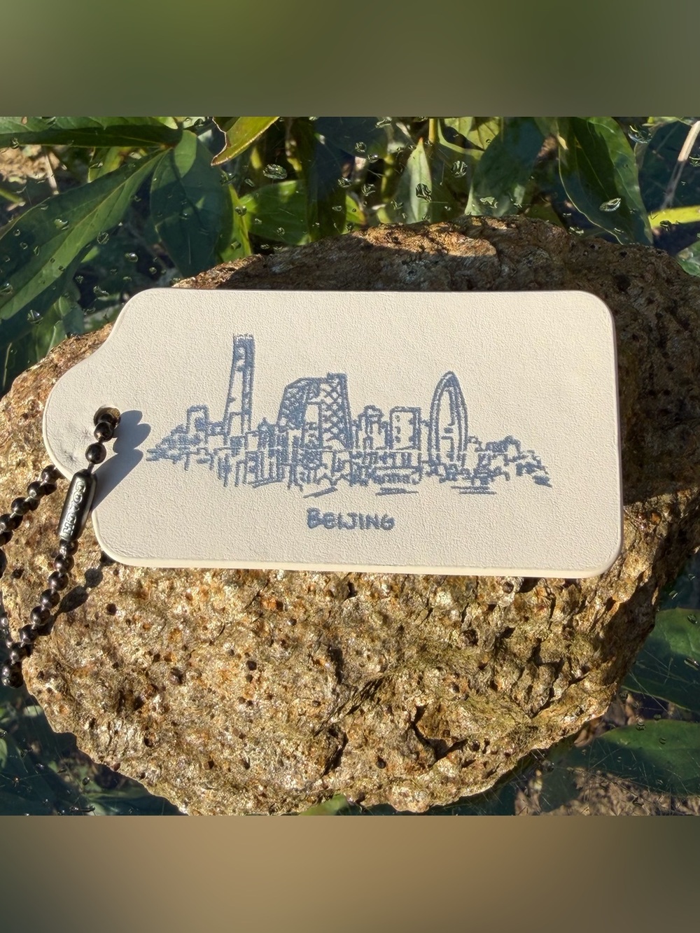 New Coach Large Leather Hangtag with Beijing Skyline Print 1 3/4” x 3”
